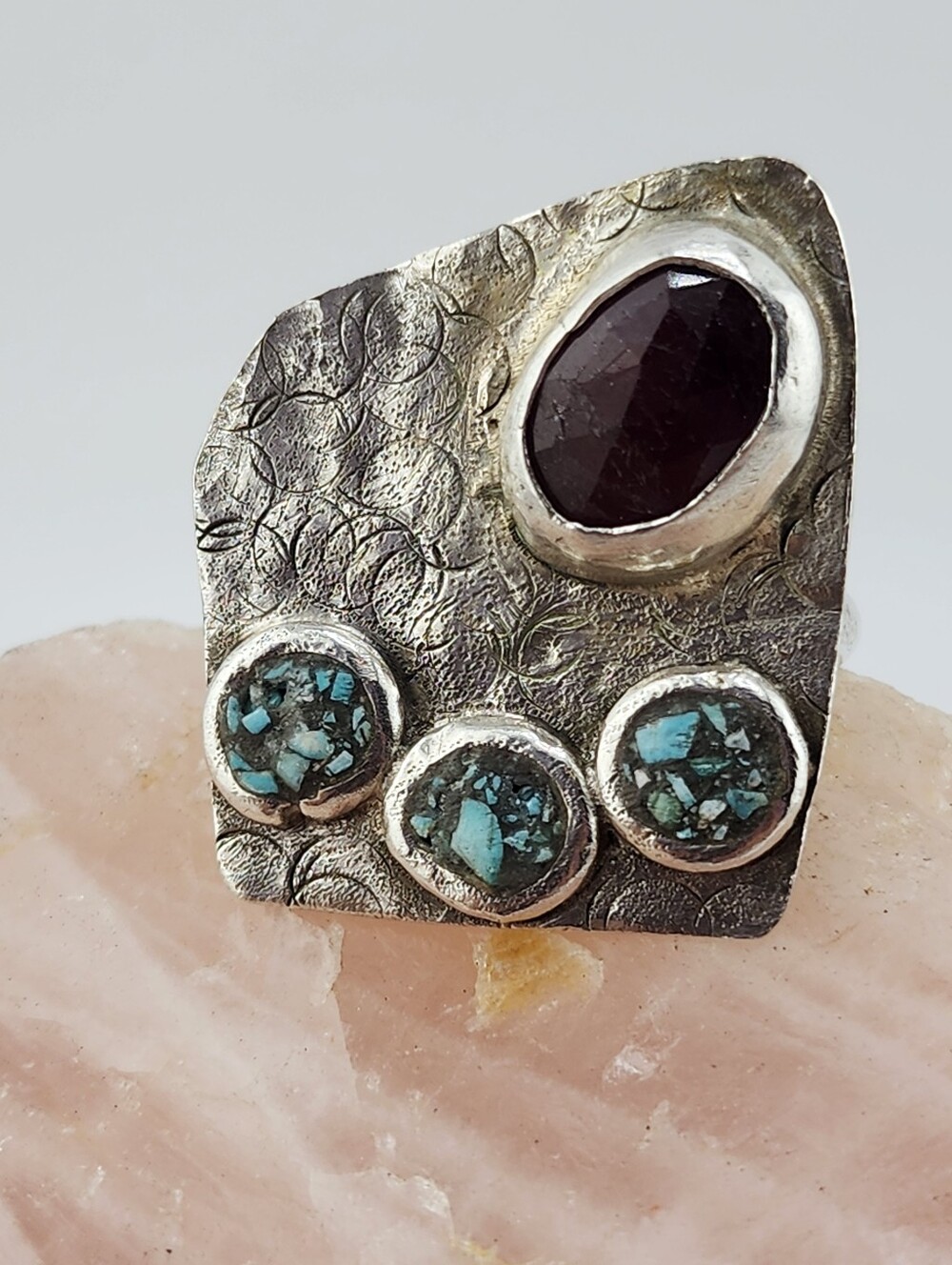 GARNET INLAY TURQUOISE HANDMADE RING IN STERLING SILVER SIZE 9.5